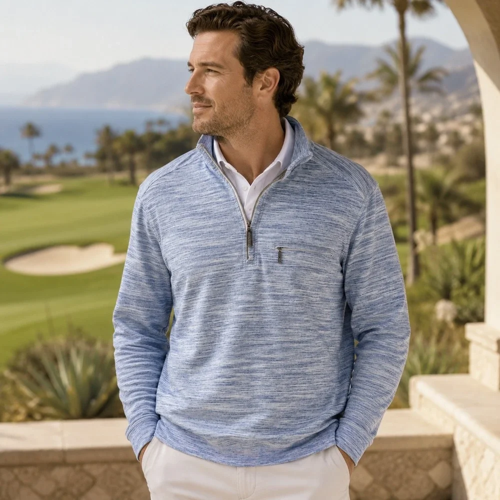 Tommy Bahama Pullover Sweater Mens Medium Blue Space-Dye Quarter-Zip Slub Knit
